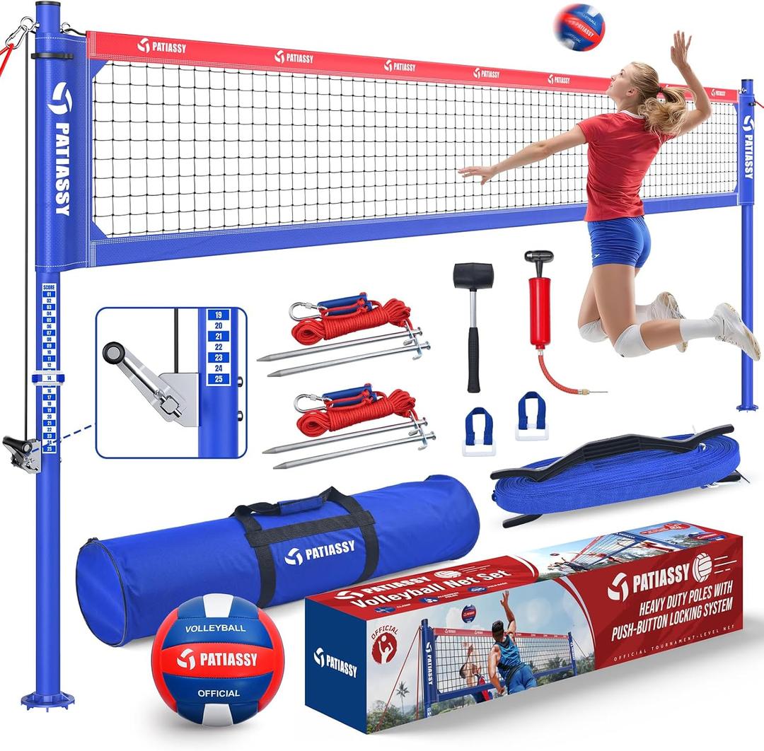 Professional Heavy Duty Volleyball Net Set for Backyard & Beach, Outdoor Net System with Steel Anti-Sag Winch, 32FT Reinforced Net, Height Adjustable Rust-Resistant Aluminum Poles, Portable Carry Bag