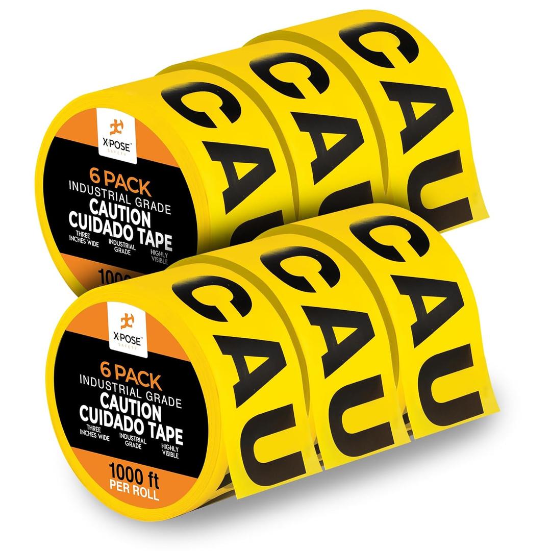 6pk Caution/Cuidado Tape Roll - 6 Rolls - 1000 Ft x 3 Inch Wide Each - Yellow Safety Tape for High Visibility Outdoor Warning, Flagging Construction Hazard, Crime Scene Barrier, Danger Zone (3" by 1000 feet)