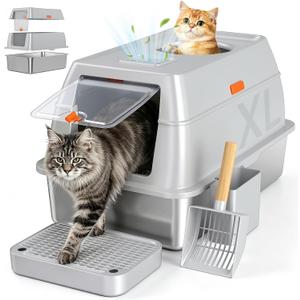 Extra Large Stainless Steel Litter Box with Lid, High Sided Enclosed Metal Cat Litter Pan, Dog Proof Front Entry Top Exit, Odor Control Easy Clean Leak Proof, Includes Scoop & Step, Light Gray