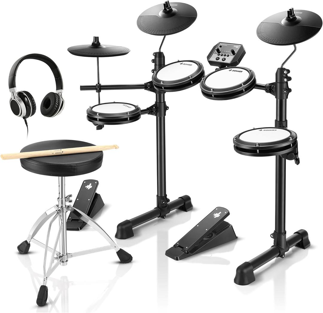 Donner DED-80 Electronic Drum Set with 4 Quiet Mesh Pads, 180+ Sounds, 2 Pedals, Throne, Headphones, Sticks, and Melodics Lessons (Black)