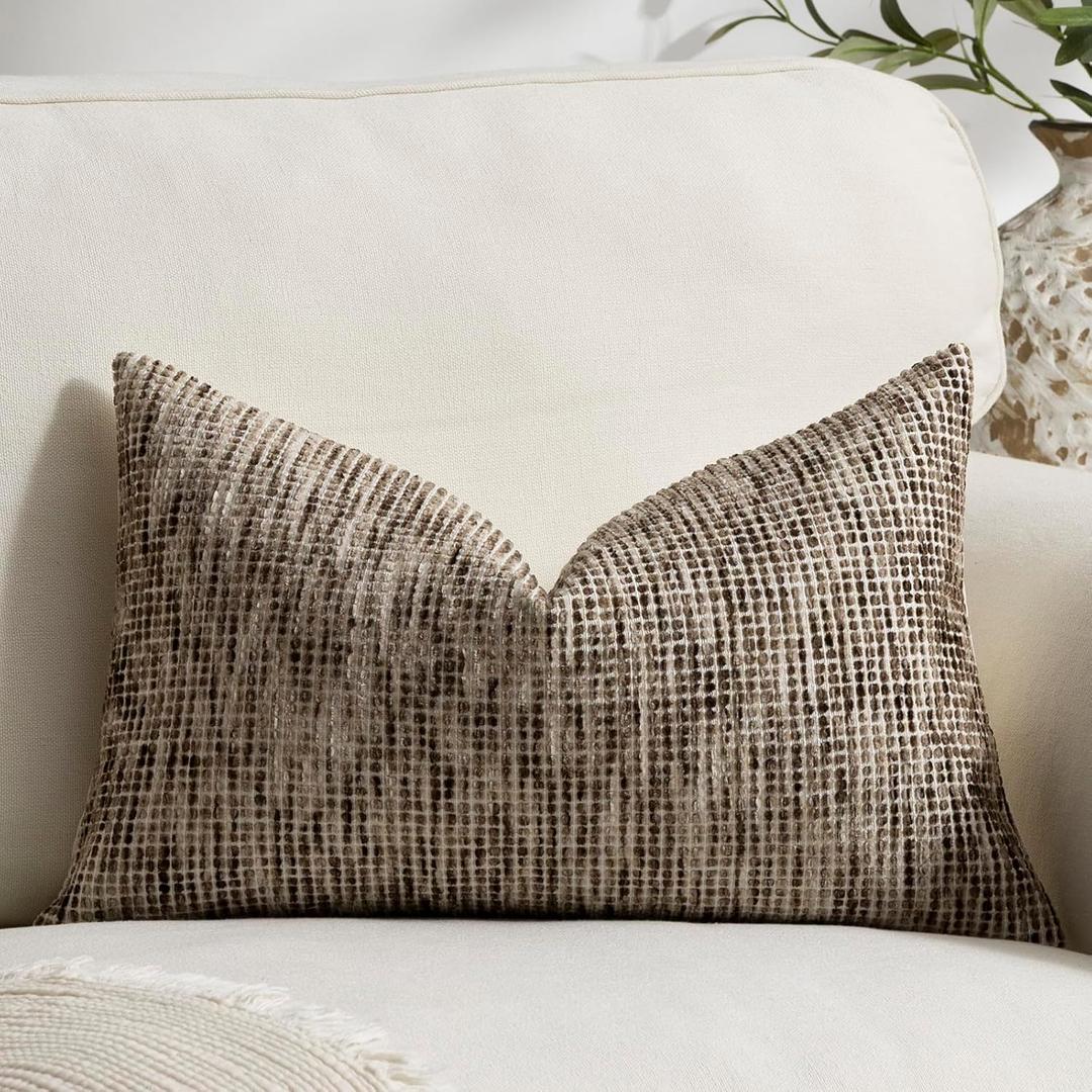 Pack of 1 Neutral Lumbar Pillow Covers 14x24 Boho Textured Dots Stripe Chenille Rectangular Decorative Throw Pillow Cases Accents for Living Room Couch Bed Farmhouse Home Decor, Chocolate Brwon