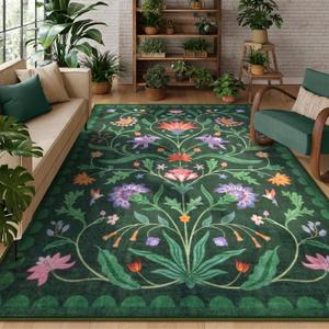 Lahome Boho Floral Washable Green 8x10 Area Rugs for Living Room, Vintage Non Slip Rugs for Bedroom, Ultra-Thin Indoor Throw Dining Room Carpet for Under Table Home Office(Forest Green,8x10)