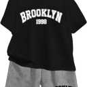 Boy's 2 Piece Preppy Summer Outfits Graphic Tees and Track Shorts Set Casual Clothing Sets (Black)