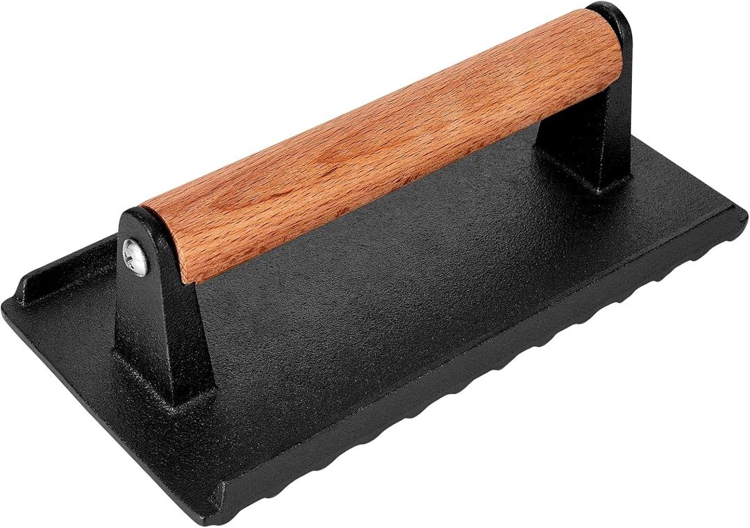Burger Press, 8”X4”Rectangle Heavy-Duty Cast Iron Smash Burger Press Griddle Accessories with Heat Resistant Wood Handle for Blackstone Griddle, Ideal for Panini, Steak & Sandwiches