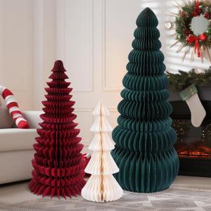 Large Honeycomb Christmas Tree - 4ft 3ft 2ft Paper Christmas Folding 3D Home Decoration Set with Magnetic Design for Winter Holiday Festive Party (Classic,Green, Red, White,3 Pcs)