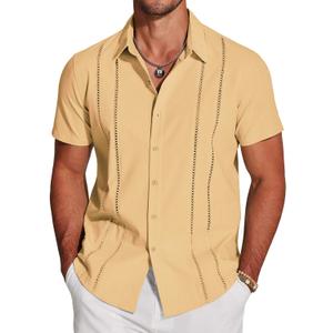 COOFANDY Men's Cuban Guayabera Shirt Short Sleeve Button Down Shirts Casual Summer Beach Linen Shirts (Yellow, XL)