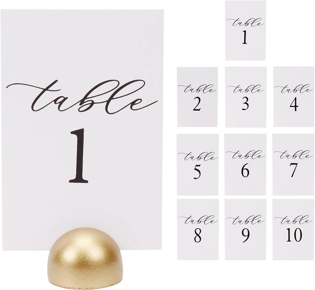 Hanna Roberts Modern Cursive Table Number Card Stock Signs with Round Stand for Wedding Reception, Restaurant, Event Party, 4" x 6" (Set of 10, 1-10, Gold)
