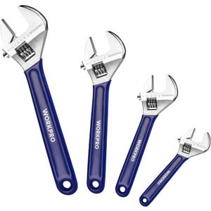 WORKPRO Adjustable Wrench Set, 6-inch, 8-inch, 10-inch, 12-inch Wide Jaw Wrenches with SAE and Metric Scales, Rubber Grip, Heat-Treated Steel for Home Repairs, Plumbing, and Garage Work