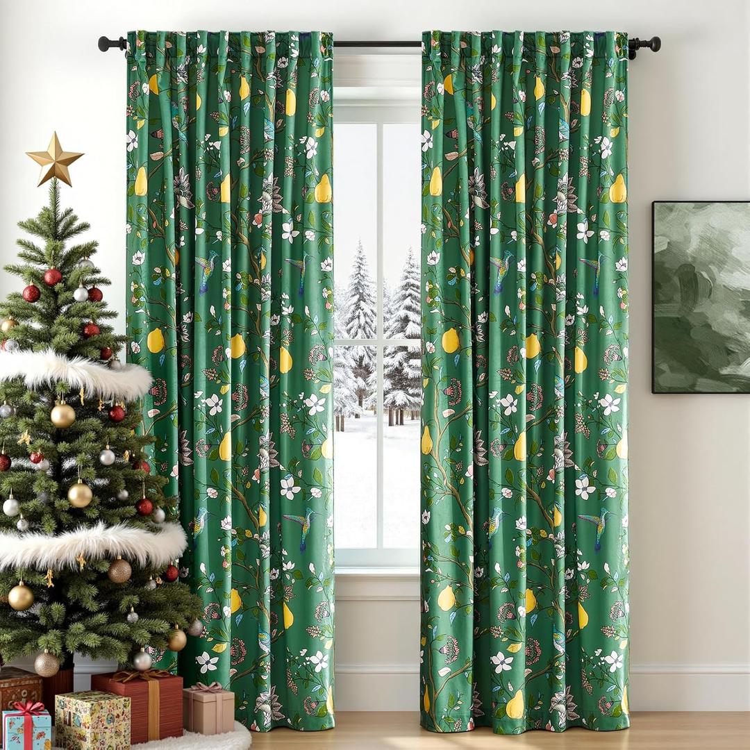 MUSSEL Luxury Velvet Floral Curtains 84 inches for Living Room, Dark Green Vintage Victorian Botanical Blackout Curtain Drapes, 2 Panels Mid Century Art Deco Bird Flower Window Curtains for Bedroom