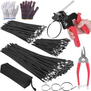 400PCS Metal Zip Ties Gun Kit, 6/8/12 Inch Heavy Duty Metal Zip Ties, Multi-Purpose Self-Locking Cable Tie Tool Set for Vehicles Farms Plants Fences Pipe Bundling, Scissors