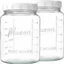 kitchentoolz Extra Large Mason Jar - 1 Gallon Glass Wide Mouth Jar with Airtight Plastic Screw on Lid, Food Storage Container with Measurement Marks Pack of 2