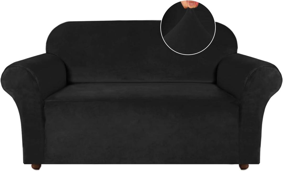 Turquoize Velvet Loveseat Covers Stretch Love Seat Couch Covers for 2 Cushion Couch Velvet Sofa Cover with Non Slip Elastic Bottom Furniture Cover Crafted from Soft Fabric (Loveseat, Black)