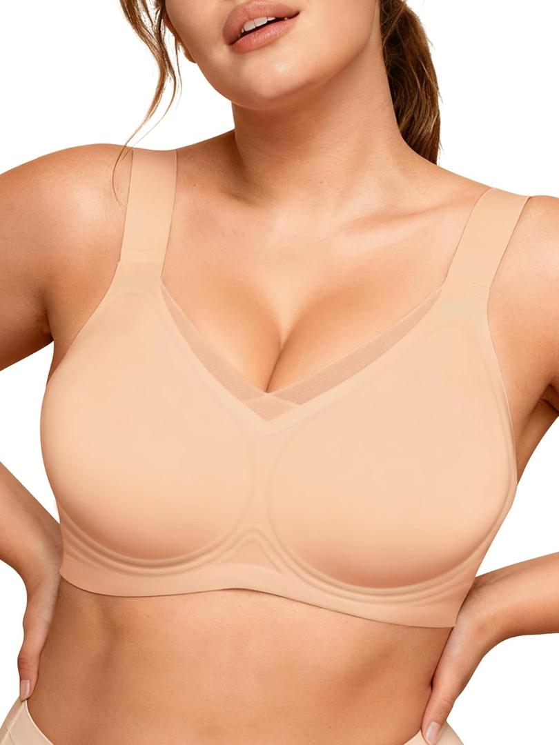 Yisfo Wireless Jelly Push Up Full Coverage Bras for Women V Mesh Seamless No Underwire Comfortable T-shirt Bralettes(Beige,XXL)