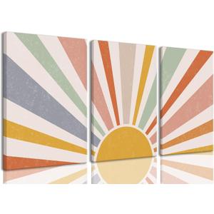 okudolit Boho Sun Canvas Wall Art prints Set of 3 Rainbow Sun Rising on Horizon Line Wall Decor Colorful Abstract Geometric Paintings Pictures for Living Room Bedroom Toddler Kids Room-12x16in (12"x16" Canvas, Colourful)