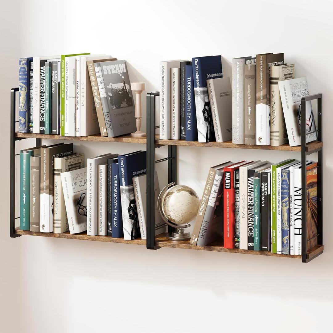 2-Layer Wall Bookshelf for Book Storage, Floating Book Shelves for Wall, Space Saver, 16in Stud Hanging Books helf, Bedside Shelf for Living Room Bedroom Office, 2 Packs-Dark Brown