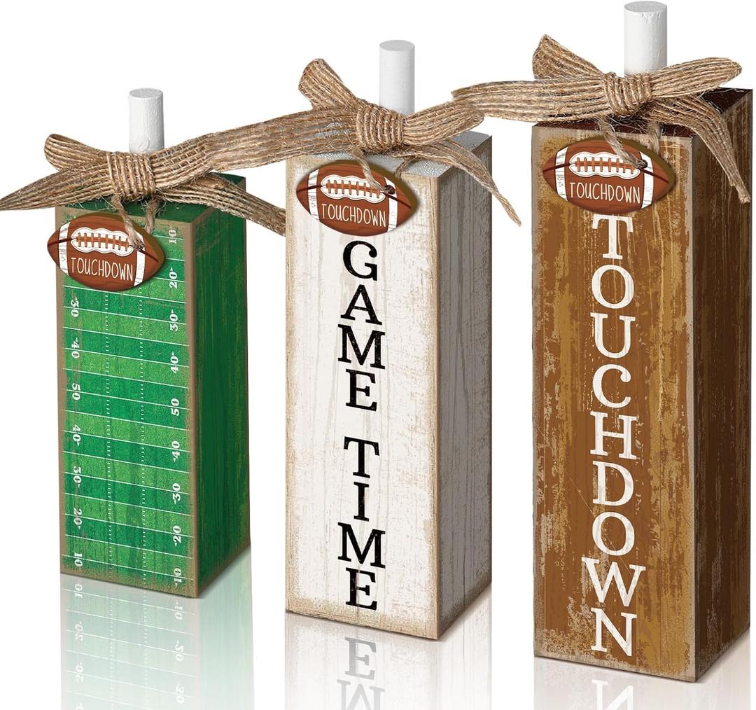Yousoontic 3 Pcs Football Table Decorations Football Tiered Tray Decor Sport Game Centerpiece Touchdown Block Sign Gift for Fans Club Tailgate Birthday Party Table Shelf Fireplace Coffee Desk Decor