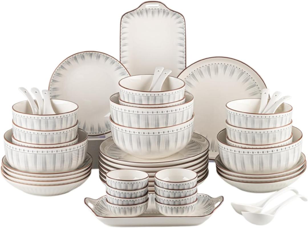 48-Piece Dinnerware Set for 8, Porcelain Plates and Bowls Sets, Blue Linear Pattern Modern Tableware, Chip-Resistant Stackable Ceramic Dish Set, Microwave & Dishwasher Safe, Service for 8