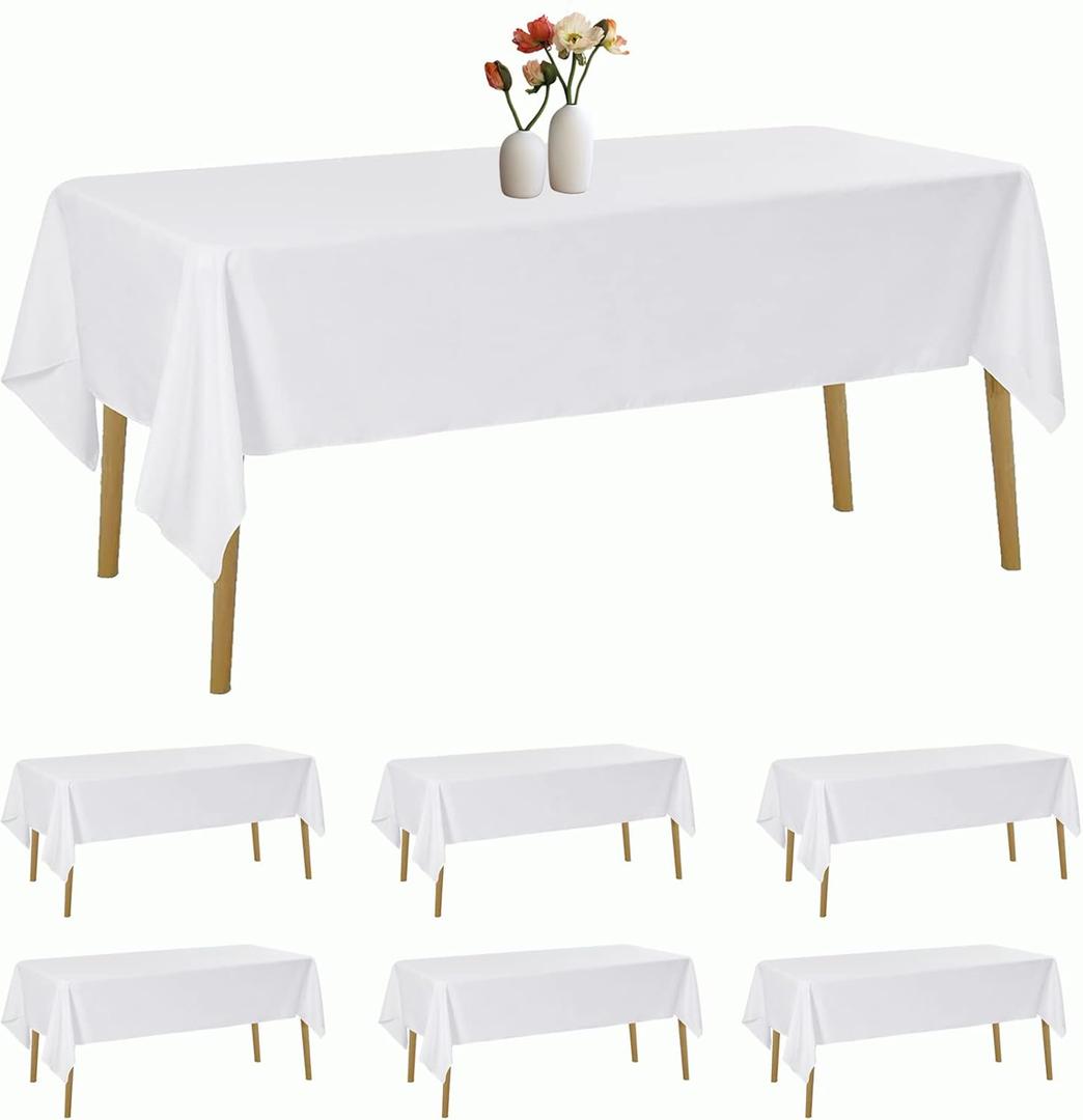 6 Pack Rectangle Tablecloth 60 x 120 Inches White Table Cloth Stain and Wrinkle Resistant Washable Polyester Fabric Table Cover for Party, Wedding and Banquet Decoration