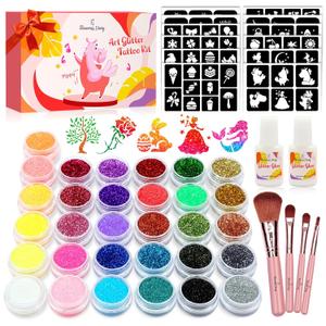Temporary Glitter Tattoo Kids, Eleanore's Diary 31 Glitter Colors,165 Unique Stencils,2 Glue,4 Brushes,Adults & Kids Arts Glitter Make Up Kit, Gifts for Girls Boys Birthday Party Summer Festival