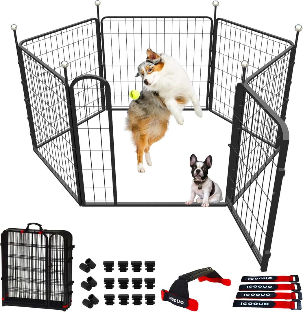 Dog Playpen Indoor/Outdoor, 32'' Portable Dog Crates with Easy-Carry Straps,6 Panels Dog Pen Play Pen for Small/Medium Dogs,Rustproof Metal Pet Playpen for Camping RV Yard (with One Door)