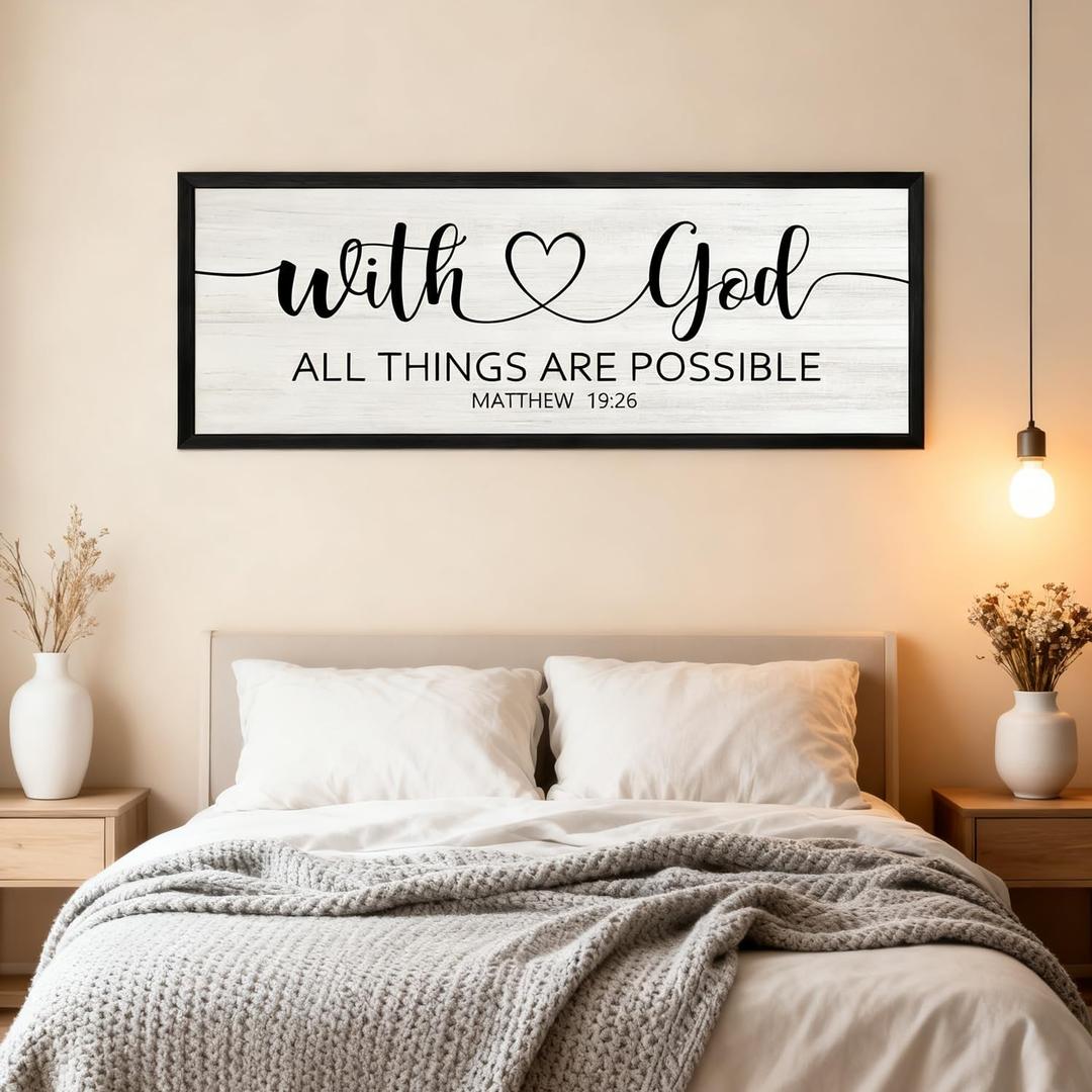 With God All Things are Possible Inspirational Framed Wall Art, 40''15'' Positive Religious Rustic Bible Verse for Christian God Jesus Christ Prayer, Horizontal Holy Catholic Scripture Decor Black