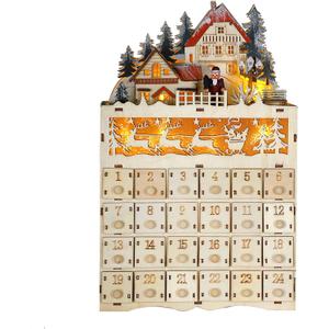 MorTime 24 Day Advent Calendar Decorated with Lighted Reindeer Cabin and Christmas Tree, Wooden Countdown to Christmas Calendar Decoration with 24 Storage Drawers