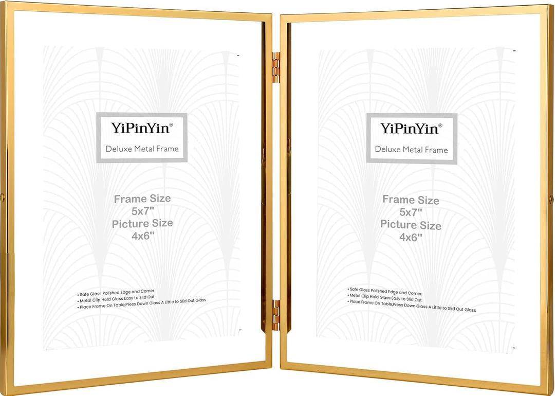 Gold 5x7'' Double Floating Frame For Photo Sizes 3.5 x5'', 4x6'',5x7''Gold Plated Metal double Photo Frames For Counter Shelf Display,Gift Choice for Wedding,Thanksgiving,Home or Office Decor.
