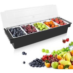 Condiment Garnish Tray Caddy For Bartenders,Bar Garnish Fruit Caddy With Lid,Plastic Condiment Container For Bartending,Outside Parties (5 Compartment)