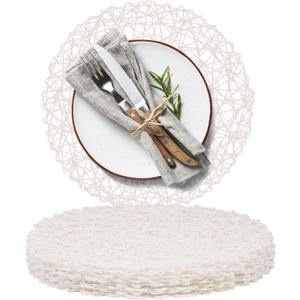 AHHFSMEI Paper Braided Round Placemats Set of 8 Natural Non-slip Heat Resistant Table Mats for Dining Tables Woven indoor & outdoor Place mats(White,8)