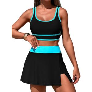 ZRTAK Women's High Waisted Bikini Sets Tummy Control Swim Skirt Two Piece Swim Suit Color Block Bathing Suit (Black Blue, Large)