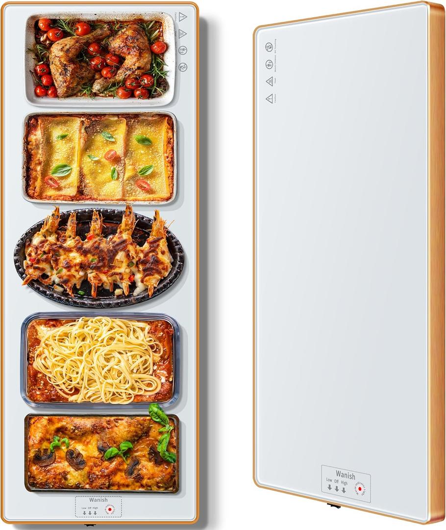 Electric Warming Tray (Extra Long 40"x12")Food Warmers for Parties Buffet with Thermostat & Full Surface Heating, Tempered Glass Warming Mat for Food, Temperature Adjustable Food Warming Mat, White