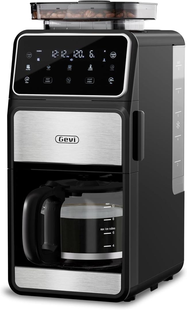 Gevi 10 Cup Drip Coffee Maker with Built-in Grinder, Grind Brew Burr Combo Coffee Machine with Touch Screen, Programmable, 4-Hour Warm Plate, Permanent Filter, Coffee Carafe