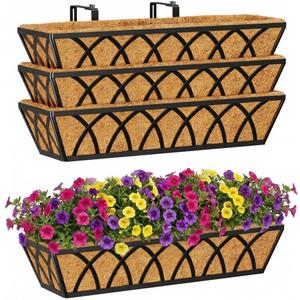 Y&M 4pcs 24 Inch Planter, Metal Window Boxes with Coco Liner, Indoor Outdoor Hanging Flower Planter for Garden, Lawn, Balcony, Porch, Fence, Patio Rail