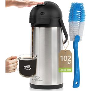 Coffee Carafe Airpot & Cleaning Brush - 101oz / 3L Airpot 12 Hours Hot Water Dispenser or 36 Hours Cold Drink Dispenser with Pump - Easy Dispensing Coffee Carafes for Keeping Hot Extra Large - Cresimo (102 Ounces)
