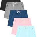Poroka 5 Pack Girls Athletic Shorts Active Performance Shorts Kids Summer Sports Running Yoga Short with Drawstring Black, Grey, Navy, Pink, Blue, 12-14 Years