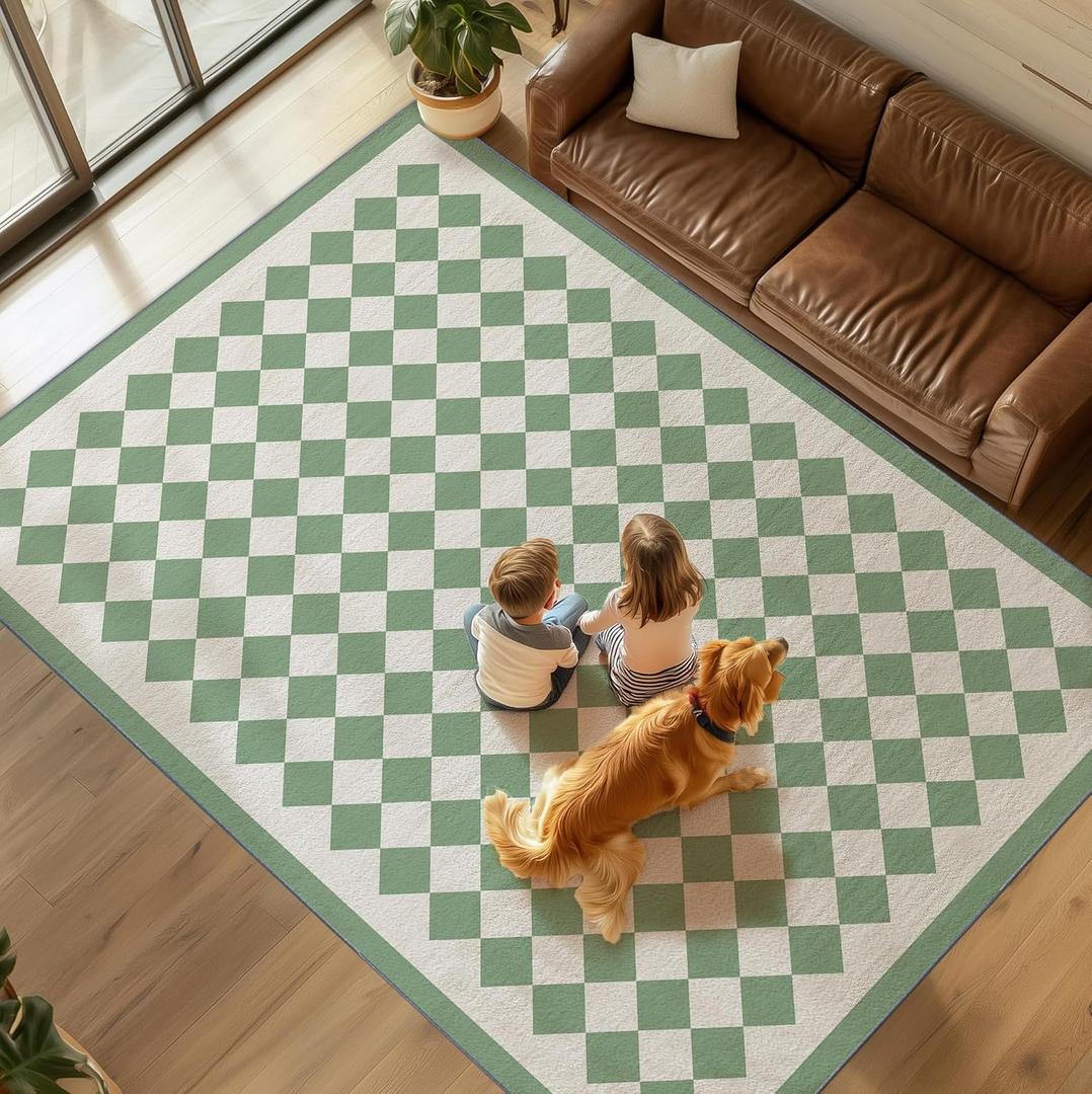 Washable 8'x10' Checkered Area Rug for Living Room, Sage Green Checkerboard Modern Minimalist Large Foldable Rug, Ultrathin Low Pile Soft Nonslip Indoor Carpet for Office Bedroom Playroom Classroom Dorm