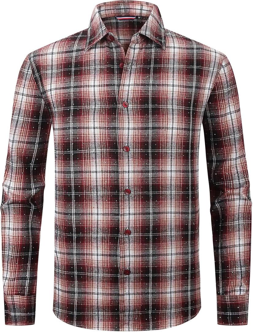 Alex Vando Mens Button Down Shirts Flannel Shirt Long Sleeve (Large, Rhinestone Wine/Black)