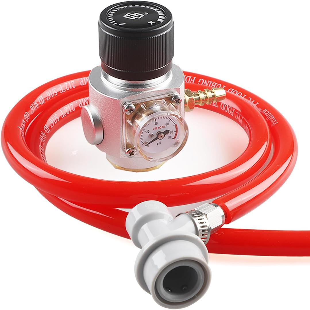 LUCKEG Mini Gas Regulator Tr21.4 Soda Charger Include Red Gas Line Assembly, Ball Lock Gas Disconnect Corny Keg Dispenser Soda Cylinders Soda Canister For Beer Homebrewing