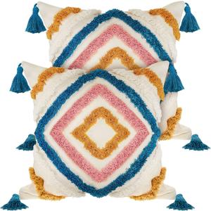 Moukeren 2 Pcs Bohemian Throw Pillow Covers 18 x 18 Inches Woven Tufted Cushion Covers with Tassel Diamond Throw Cushion Cases for Bed Couch Sofa Living Room Bedroom, No Pillow Insert(Fresh)