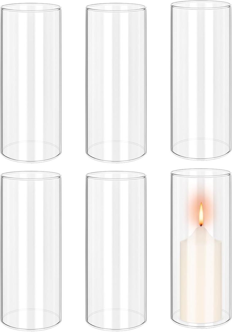6 PCS Hurricane Candle Holder, 4" W x 8" H Open Ended Glass Candle Cylinder Sleeve, Clear Glass Cylinder Candle Holder, Open Flame Candle Chimney Tube Cover, Bottomless Cylindrical Glass