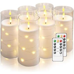 Flickering Flameless Candles with Remote Timer, 6pcs LED Battery Operated Candles with Embedded String Lights White, D3 H6