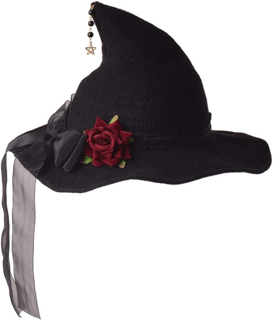 GRACEART Women Felt Wool Witch Hat Knitted Cap Halloween Wizard Cap Mardi Gras Hat Headwear (Black)