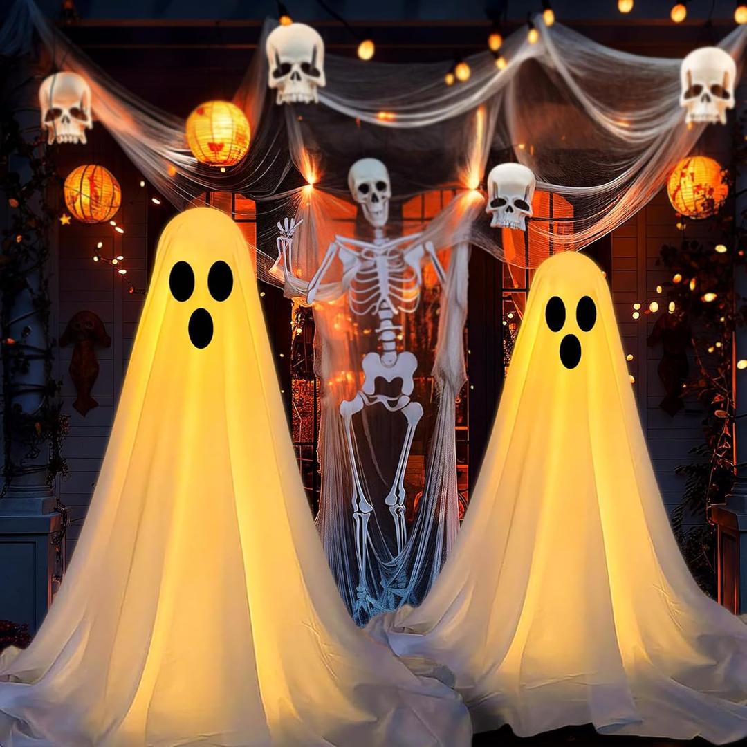 Reofrey 2Packs Halloween Decorations Outdoor & Indoors with Bracket, Spooky Ghost Halloween Decor with LED String Lights, Hanging Light up Ghosts Decor for Front Porch Yard Garden Home Pub Lawn Party