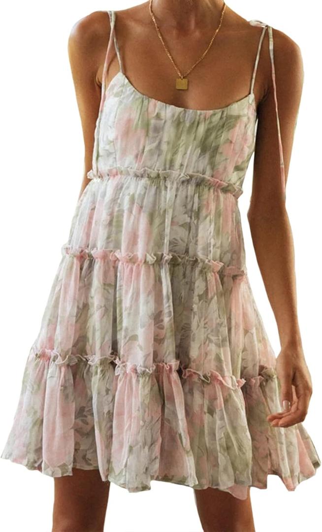 Mansy Womens 2025 Summer Floral Mini Dress Boho Flowy Skater Dresses Short Sleeveless Ruffle Spaghetti Strap Dress (Medium, Pink Green)