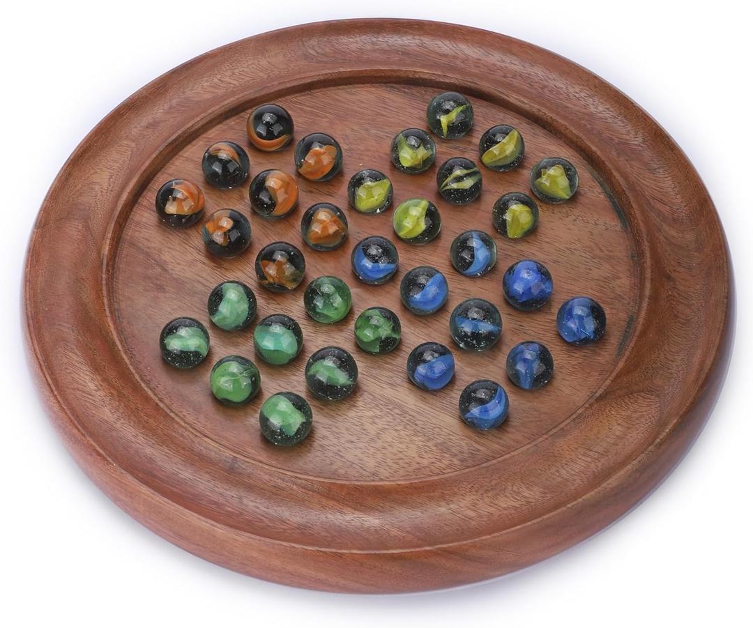 Ajuny Wooden Solitaire Board Game  Handcrafted Round Peg Puzzle with 33 Marbles + 7 Extra, 12x12 Inch Strategy Game for Adults & Kids, Unique Gift & Decor