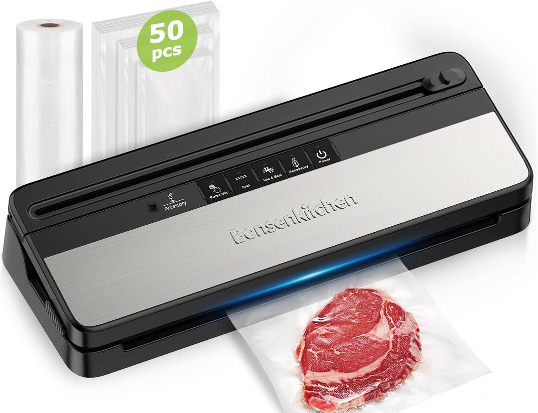 Bonsenkitchen Vacuum Sealer Machine, Multi-Functional Food Sealer, Built-in Cutter & Bag Storage, High-Speed Continuous Working, Include 50 Vacuum Bags & 1 Roll Bag, Black-Silver