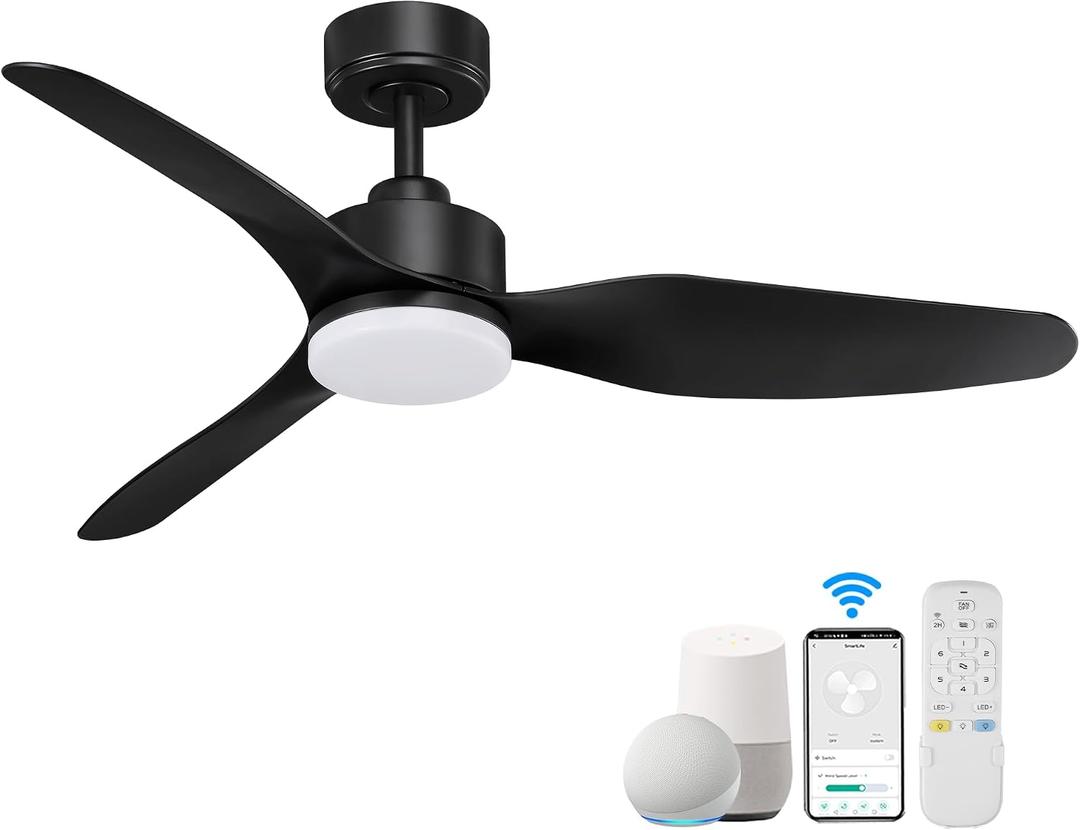 Hoenofly 48 Smart Ceiling Fans with LED Lights Remote,Quiet DC Motor,Dimmable,Outdoor Indoor Modern Ceiling Fan Controlled by WIFI Alexa App,3 Black Blades for Bedroom Living Room Patio Porch