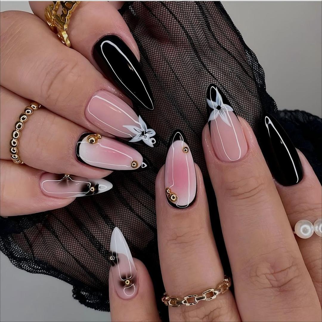 LPOODDNU Black White Press on Nails - Almond Medium French Fake Nails with Flower&Gold Bead Designs, Glossy Finished Reusable False Nails with Glue Tabs - 24Pcs Nail Kit for Women Manicure