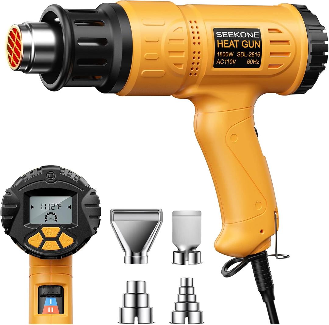 Heat Gun, SEEKONE 1800W Hot Air Gun Kit with Large Digital LCD Display Variable Temperature (122F-1112F) Memory Settings and 4 Nozzles for Paint Remover/Stripper, Home Improvement/Restoration