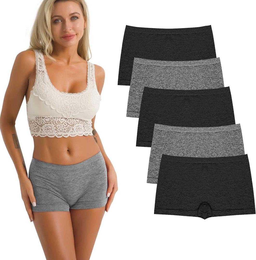 R RUXIA Women's Boyshort Panties Seamless Nylon Underwear Stretch Boxer Briefs 5 Pack (B004)